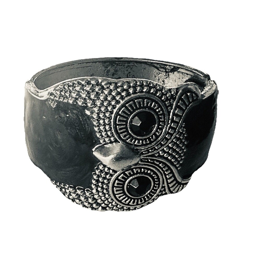 Wide Owl Bracelet Black Marbled Resin Silver Tone Hinged Statement Cuff